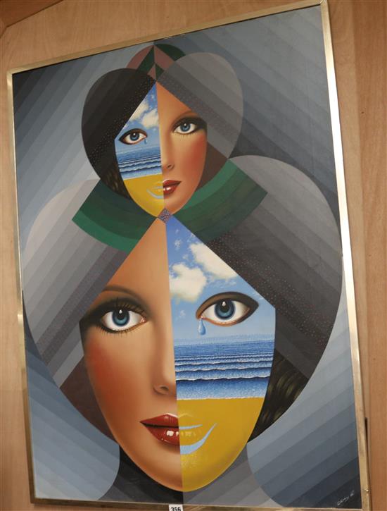 Anthony John Gray (b. 1946) Two faces, abstract hearts, sea 40 x 29.5in.